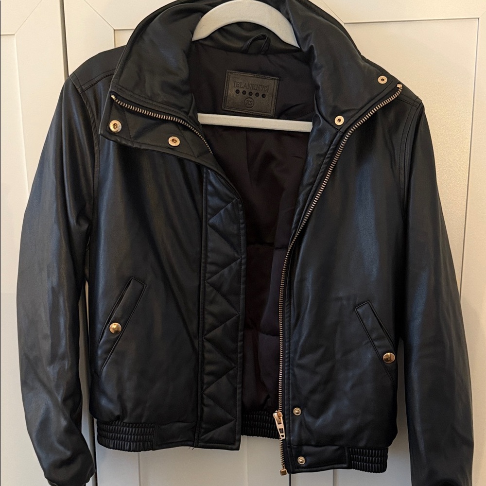 Blank NYC Black Bomber Jacket with Gold Accents snaps and zipper faux leather